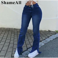 plus size low rise slit hem flare jeans 4xl fall large size slim fit casual mop pants skinny push up bell bottoms denim trousers