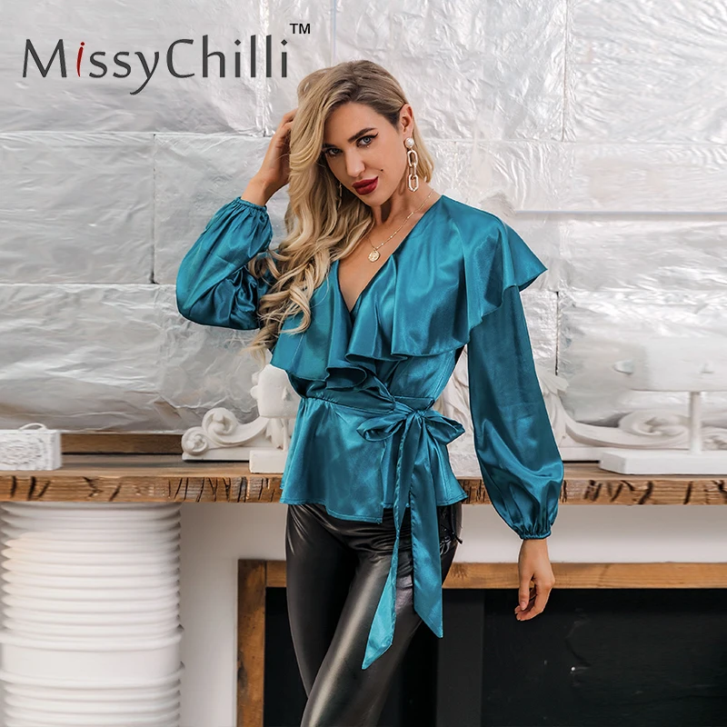 MissyChilli атласная синяя бандажная блузка с рюшами рубашка женская длинным рукавом