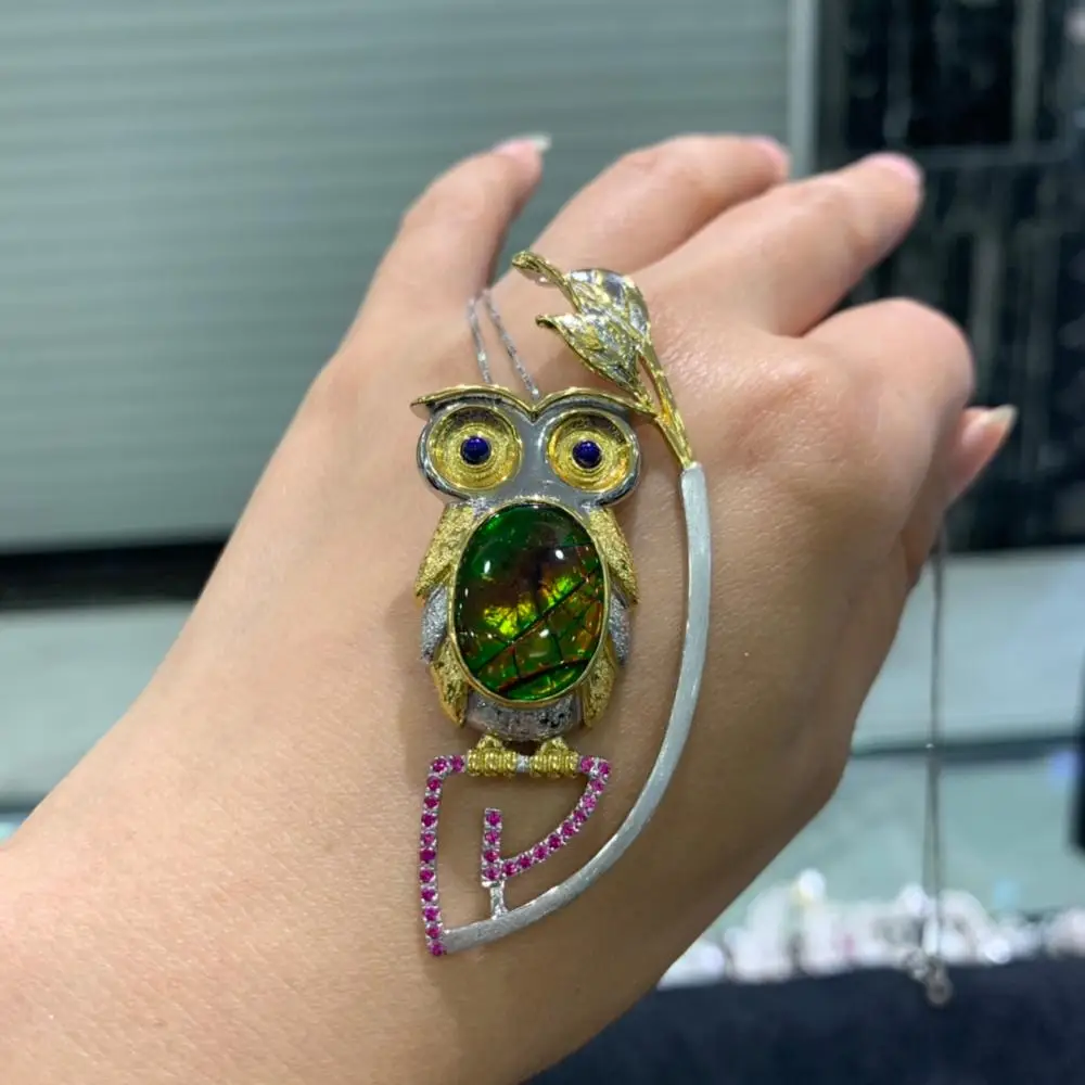 Брошь и кулон в виде аммолита совы из натурального камня унисекс ювелирное