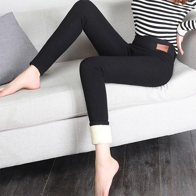 

Lambskin Leggings Women's Pants Students Winter Style with Fleece Padded Outer Wear High Waist Slim Warm-Keeping Pants Children
