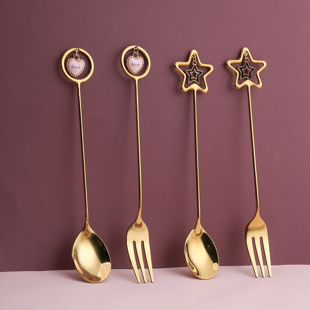 

304 Stainless Steel Dessert Spoons Fork With Heart Star Pendant Mirror Polished Mixing Stirring Drinking Ice Cream CakeTea Spoon