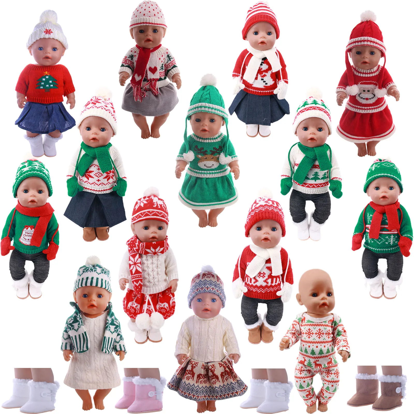 

43Cm Rebirth Doll Clothes Christmas Suit Christmas Pattern Printed Clothes Solid Color Boots Doll Accessories Christmas Gifts
