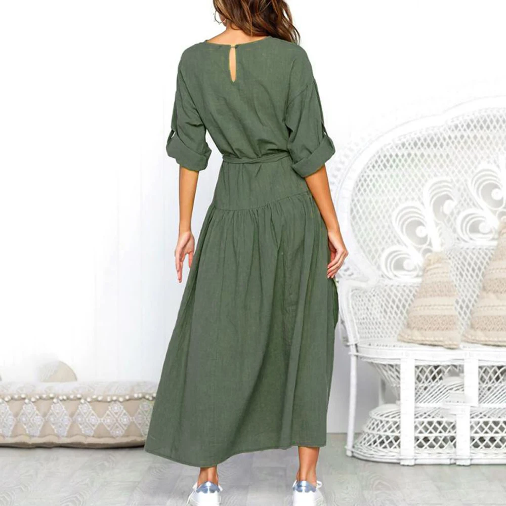 Women Long Sleeve Dress Side Split Vintage V Neck With Sashes Vestidos De Festa Loose Long Fashion Femme Slit Ladies Shirt Dress
