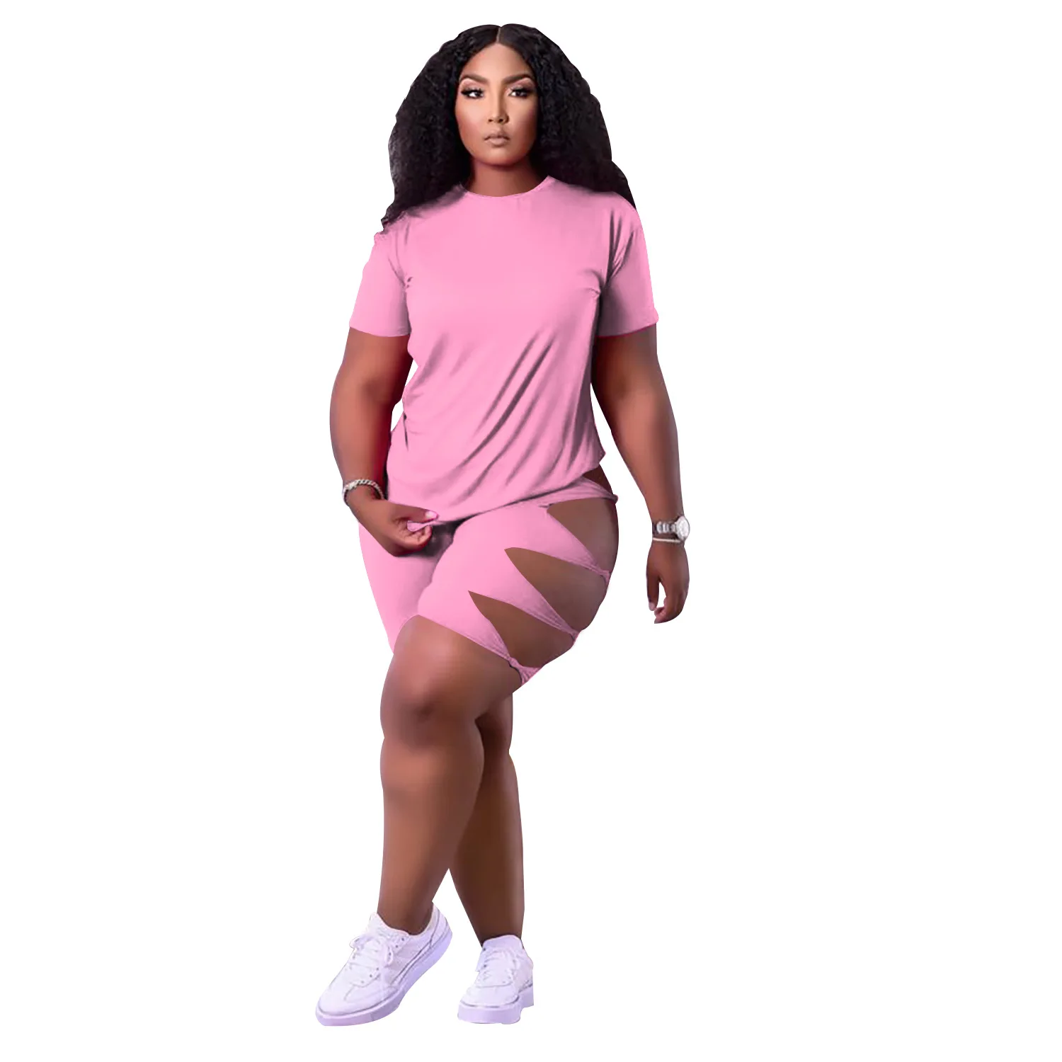 

Women's Tracksuit Cut Out Hole Draped Shorts Set with T-shirt Matching Two 2 Piece Set Sweatsuit 2021