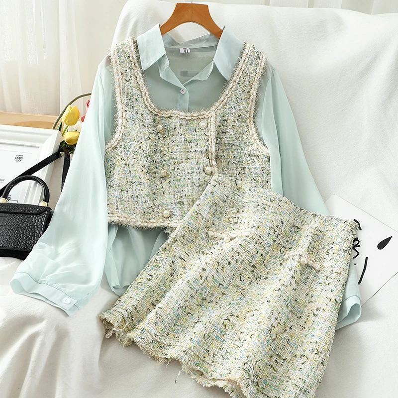

Light mature style suit female autumn product suit shirt + vest + skirt woolen three-piece suit female elegant fashionable suit