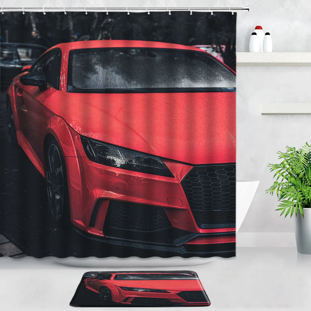 

Vintage Classical Old Car Shower Curtains Bath Mats Set Retro Style Poster Creative Home Decor Door Pad Bathroom Non-slip Carpet