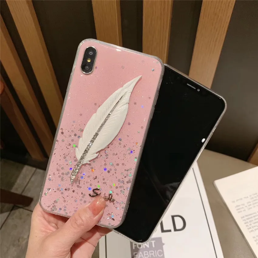 Чехол для телефона с блестками и перьями iPhone 7 6s 6 8 plus X Xr Xs Max задняя крышка
