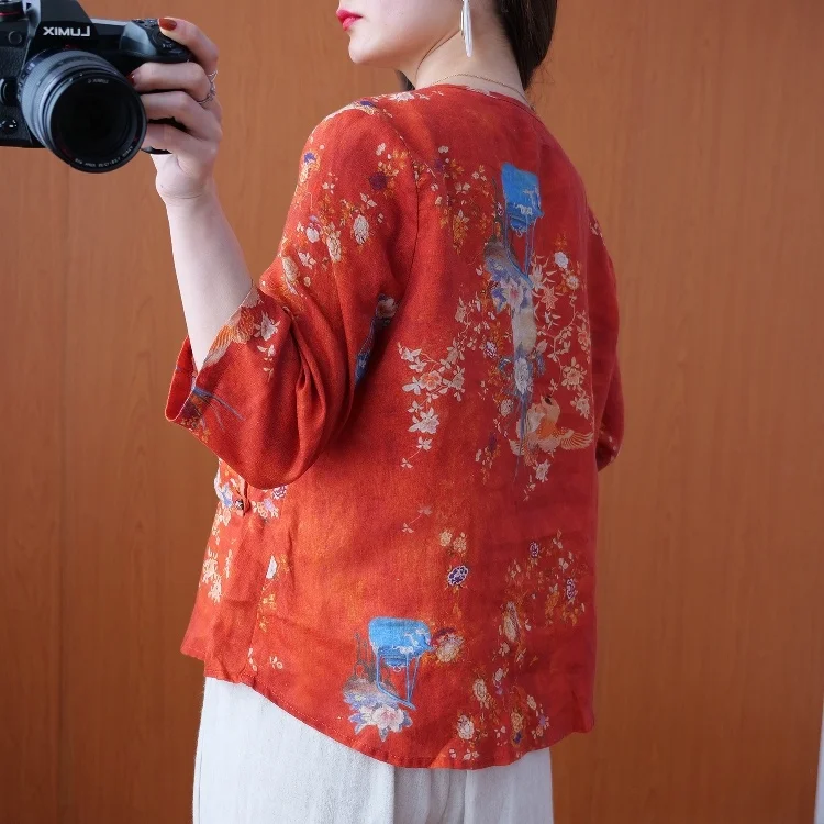 

Chinese Oblique Placket Buckle Cotton and Linen Shirt Women's Three-Quarter Sleeve Printed Tea Shirt Summer Loose Large Size