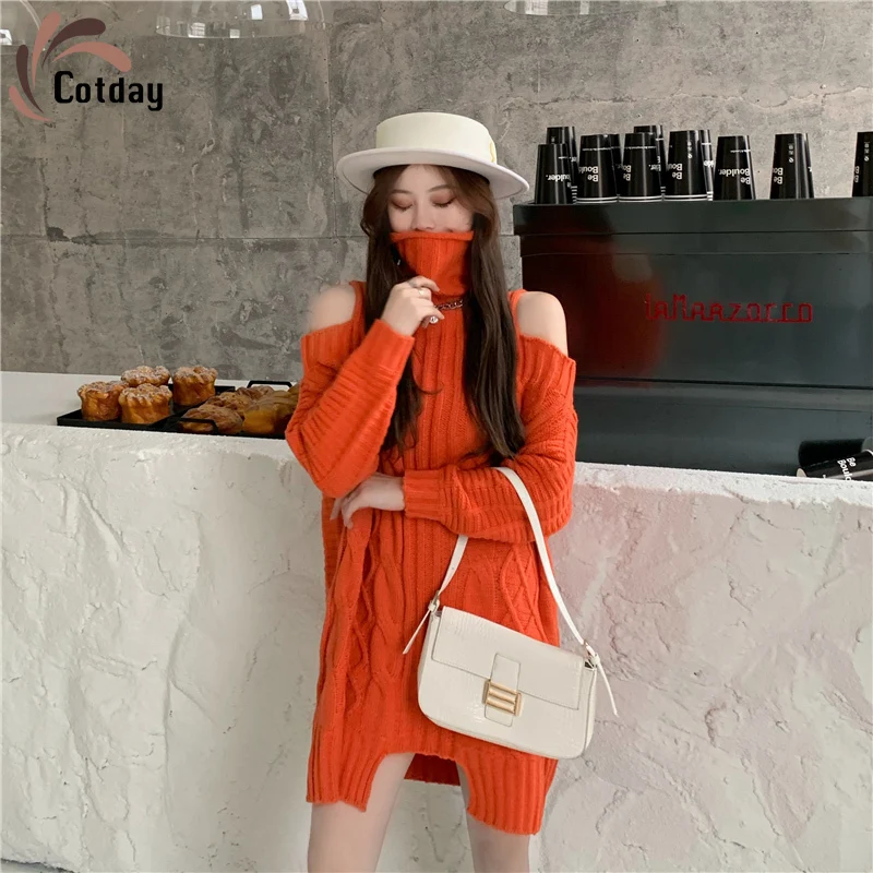 

Cotday Hollowing Out Vintage Knit High Neck Loose Off Shoulder Orange Sweater Design Lazy Korean Design Linen Mini Dress