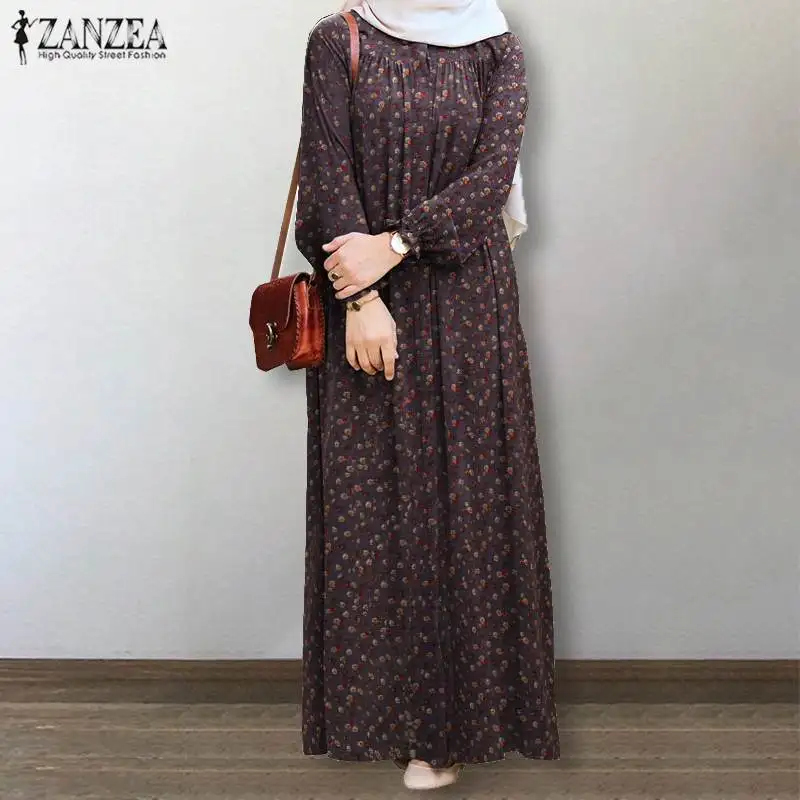 

Retro Plaid Printed Sundress ZANZEA Women Muslim Islamic Dress Casual Lapel Neck Long Sleeve Dubai Abaya Turkey Hijab Dress