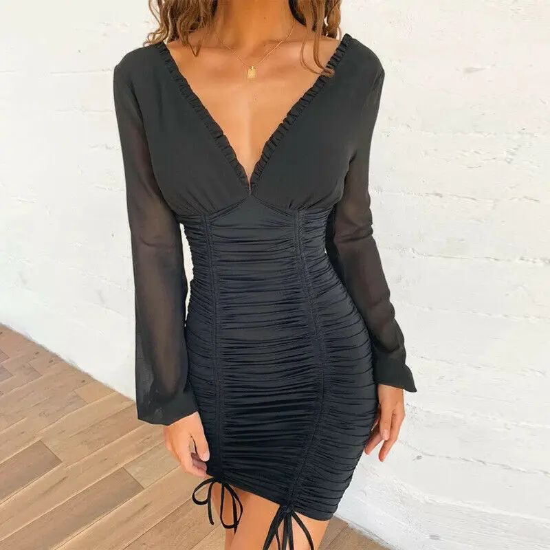 

Women Bodycon Dress Slim Long Sleeve V-Neck Bandage Party Pencil Short Mini Dresses S-L