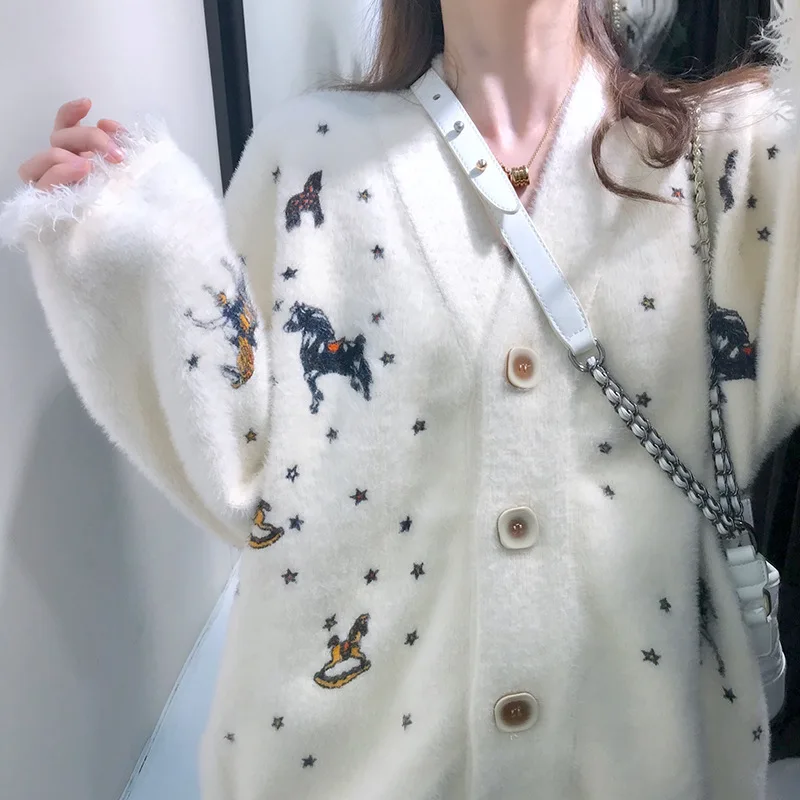 Осень 2019 новый свитер кардиган женский модный простой вышивка декоративный