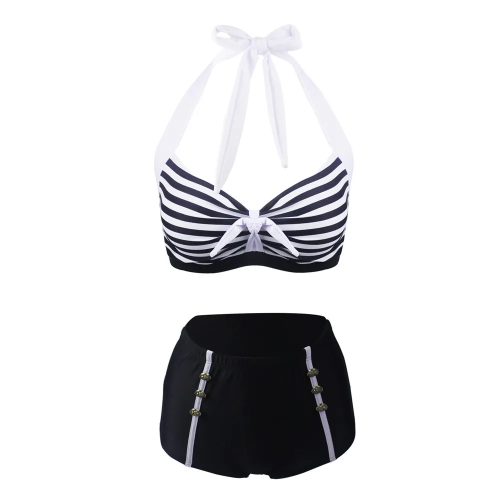 

Navy Style Summer Women Bikini Set Plus Size High Waist Striped Push Up Swimwear Swimsuit maillot de bain Biquin Bathing C0222