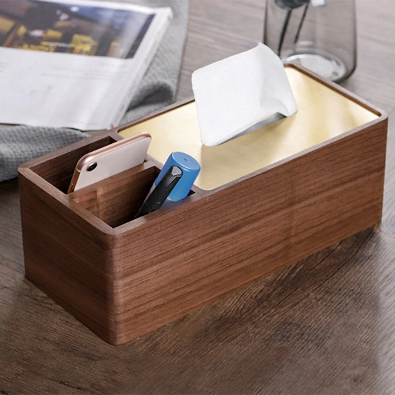 Black Walnut Wood Napkin Box Brass Cover Tray Tissue Retro Classic Multi-Function Storage Home Decor High-End |