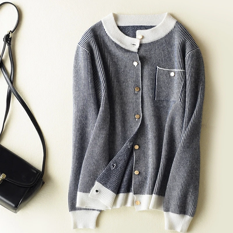 

High quality Thick Mandarin Collar Cashmere cardigan sweater women stripe pocket jumper Pull Femme Hiver Knitted tops jacket
