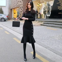 2020 temperament commuter womens early autumn dress ladies slim sweater bag hip knit mid length fashion bottoming ruffle skirt