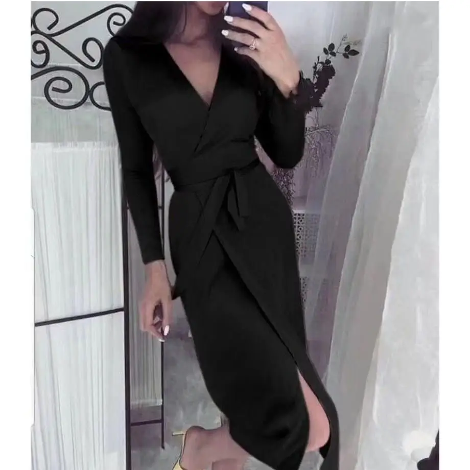 Женское облегающее платье карандаш с v образным вырезом и длинным рукавом