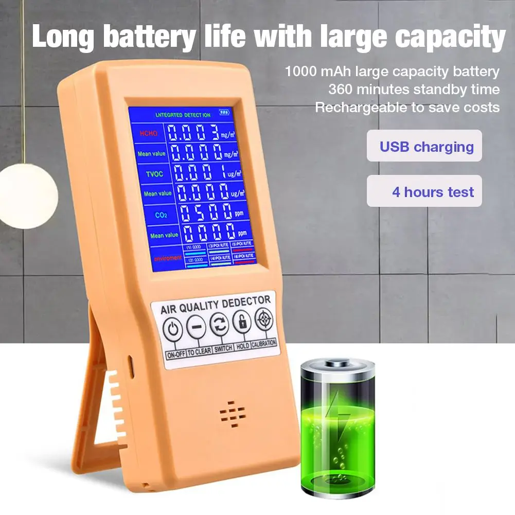 

PM2.5 Detector Air Quality Monitor Digital Testing Appliance For Supervising Formaldehyde TVOC PM2.5 PM10 HCHO CO2 Meter