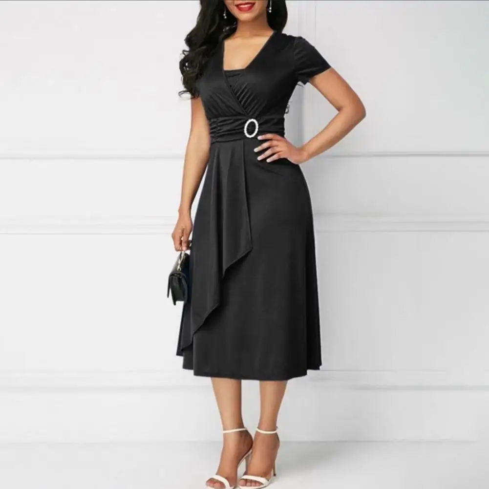 Summer Ladies Elegant Dress Asymmetric Hem High Waist Temperament V Neck Tube Top Short Sleeve Evening Party Banquet Wear | Женская