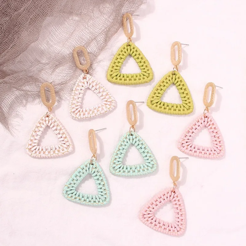 Разноцветные Ротанговые серьги для женщин ручной работы треугольные плетеные