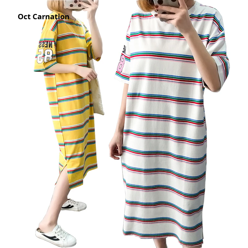 Полосатое платье для кормления Одежда беременных до середины икры летние