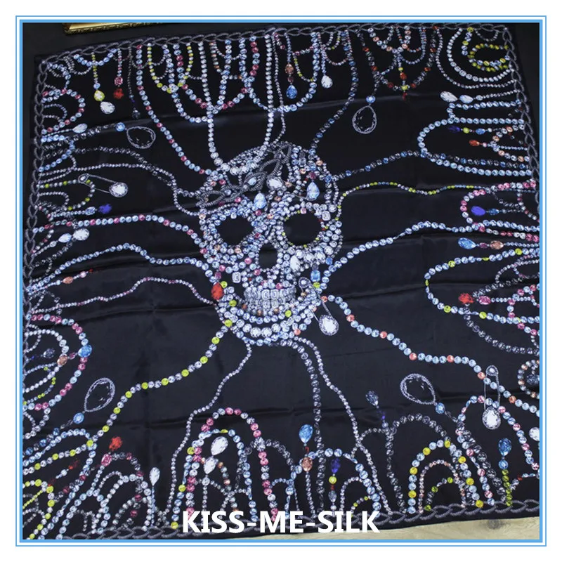 

KMS Black and White Chain Skull big square thick plain satin silk scarf shawl for Girl Lady Women 140*140CM/120G