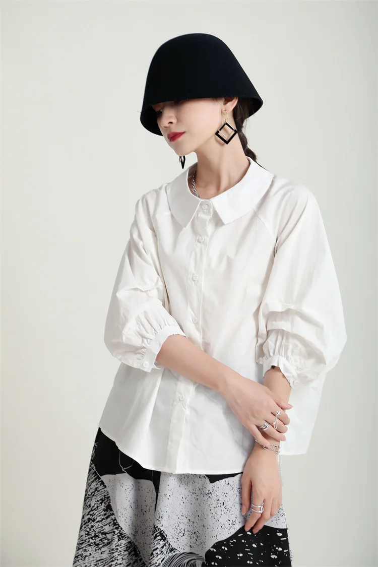 

2021 Summer New Shirt Three-Quarter Sleeve Pleated Fashion Blue Temperament Drop Shoulder Lapel Puff Sleeve Shirt Women Tops