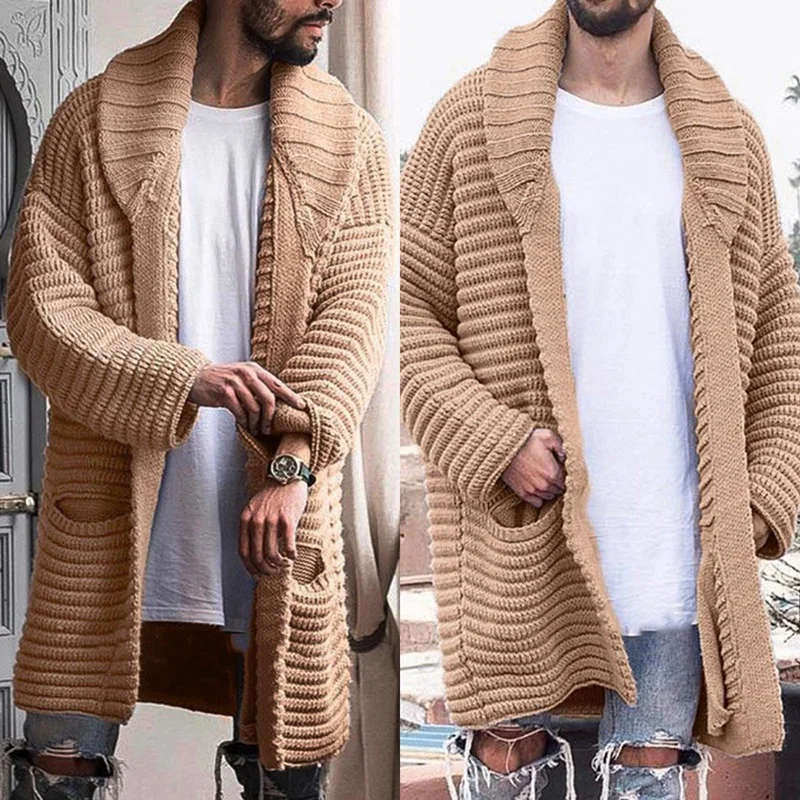 

Men Turn-Down Collar Cardigan Autumn Winter Pocket Solid Mid-Length Jacket Knitted Casual Male Sweater Khaki