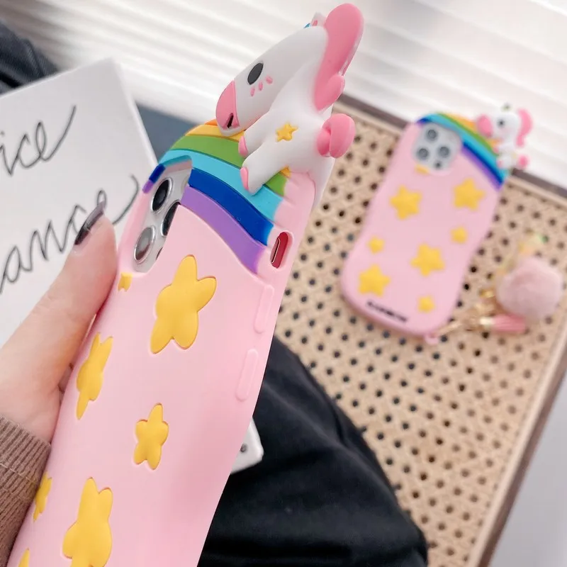 

Lovely soft rubber lucky star rainbow unicorn plush pendant Case For iPhone 12 mini 11 pro max X XR XS Max 7 8 plus Back cover