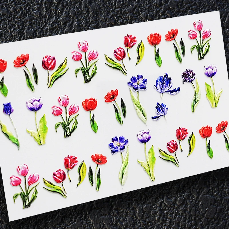 

3D Acrylic Engraved Nail Sticker summer red purple flowes heart desgin Water Decals Empaistic Nail Water Slide Decals Z0281
