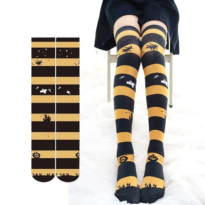 

Japan Women Lolita Girls Stockings Halloween Stripe Style Velvet Long Stocking Bat Pattern Overknee Tights Socks length 60cm