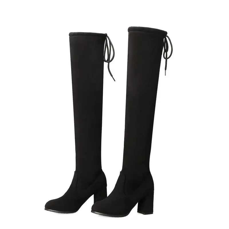 

Nice Women Over The Knee High Boots Square High Heels Autumn Winter Shoes Pointed Toe Sexy Elastic Fabric Women Boots Size 34-43