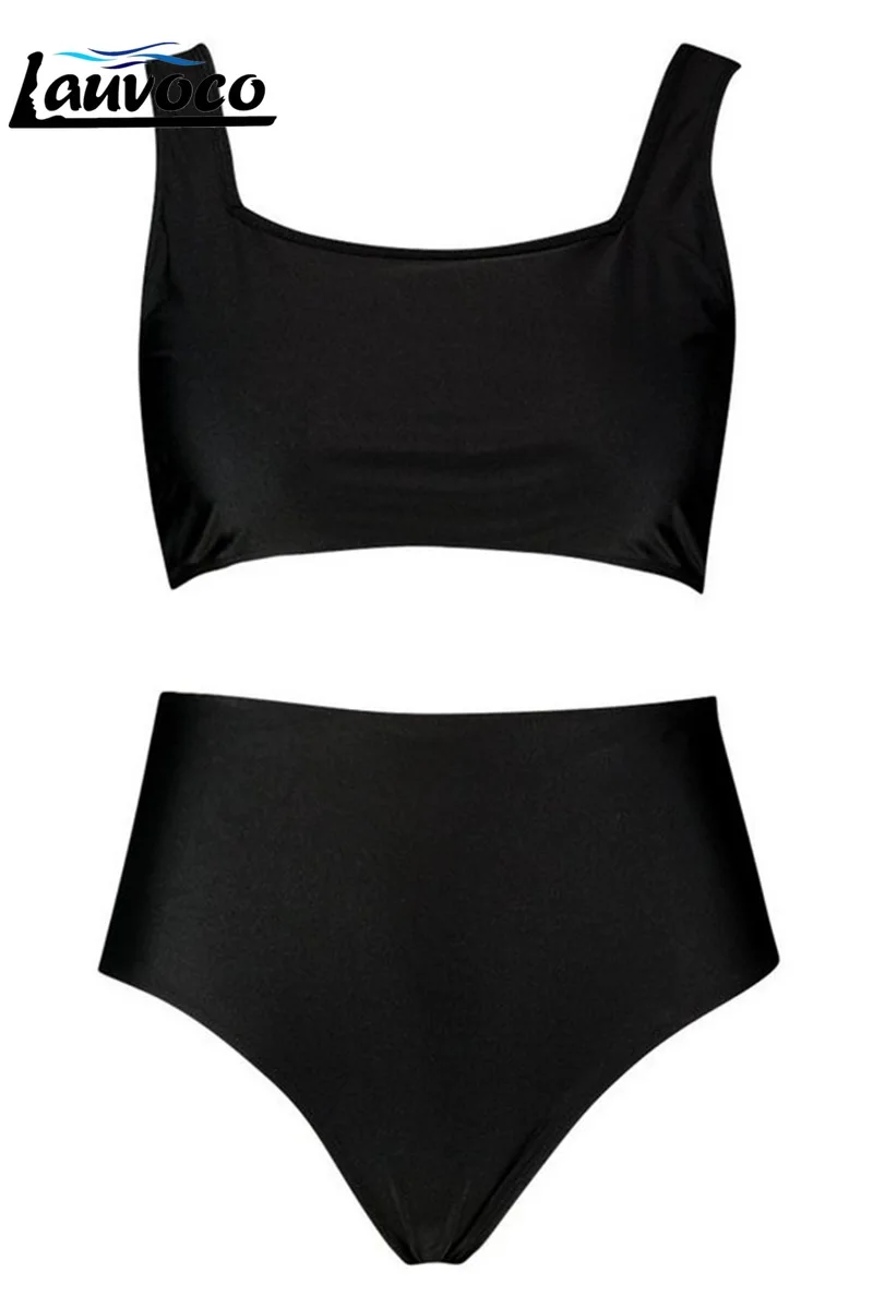 Однотонный черный комплект бикини большого размера купальник с высокой талией