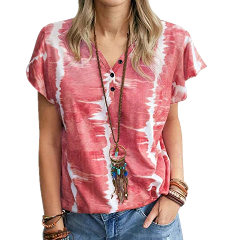 

Новинка 2021, постепенно окрашенная женская футболка с принтом, с V-образным вырезом и короткими рукавами, летняя свободная модная футболка ов...