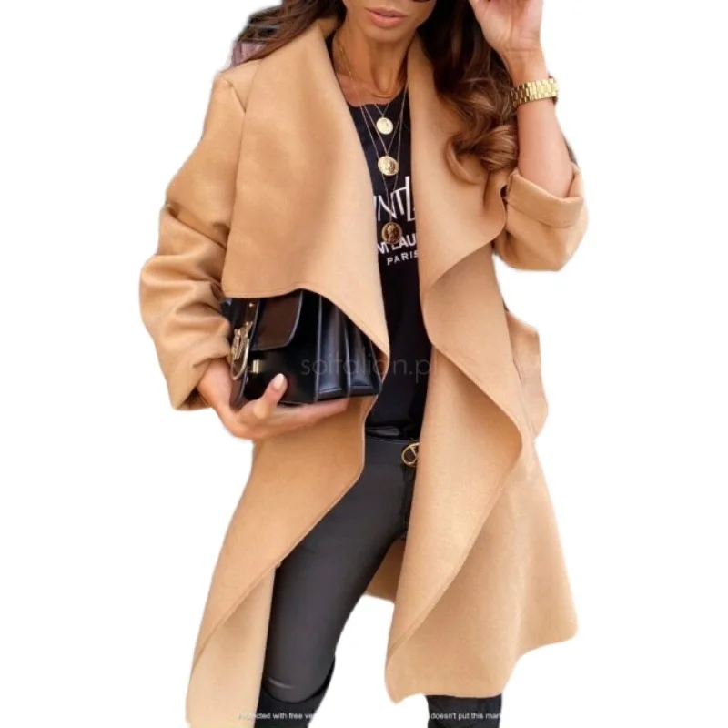 

Women's Autumn And Winter Long Sleeve Jacket Coat Solid Color Bandage Cardigan Tweed Overcoat