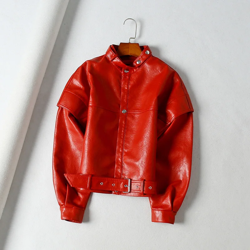 

New Autumn Faux Leather Jacket Women Batwing Sleeve Female Loose Faux Soft Motorcycle Biker Leather Single Breasted Overcoat