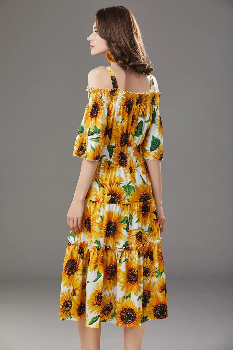 

Sexy Lady Slip Dress Super Plus-sized Sexy Off-the-shoulderDesign Fashion Beautiful Golden Yellow Sunflowers Printed Slip Dress
