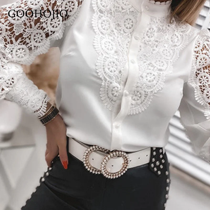 

GOOHOJIO 2021 New Spring Autumn V-neck Temperament Blouse Women Fashionable Shirts for Ladies Lace Buttons Casual Women Blouse