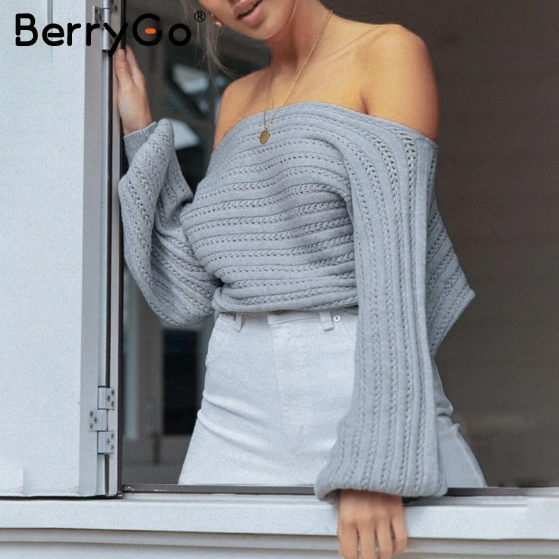 BerryGo Sexy off shoulder women knitted sweater Lantern sleeve hollow out pullover sweaters Loose autumn winter white jumpers | Женская