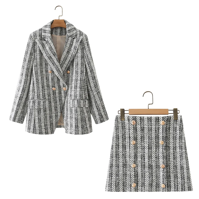 

Spring and autumn women's casual striped double-breasted pocket decoration jacket + high waist button decoration skirt suit