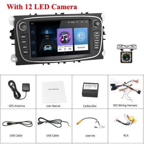 With 12 LED (Black) Podofo 2din Android 8.1 Car Multimedia player 7'' Autoradio Car Radio GPS Mirrorlink For Ford Focus Mondeo C-MAX S-MAX Galaxy II - Цвет: With 12 LED (Black)