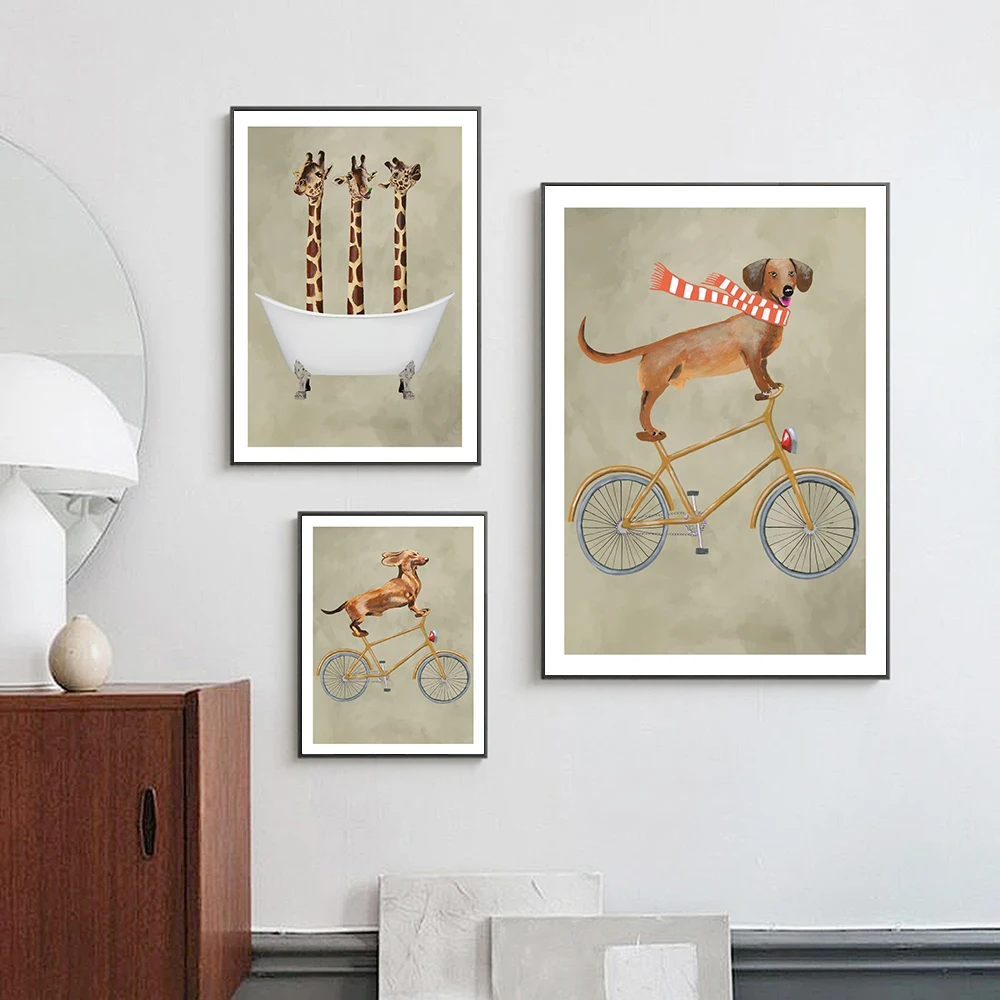 

Canvas Painting Animal Wall Art Dachshund On Bicycle Posters and Prints Wall Giraffes Pictures for Living Room Decor Home Decor