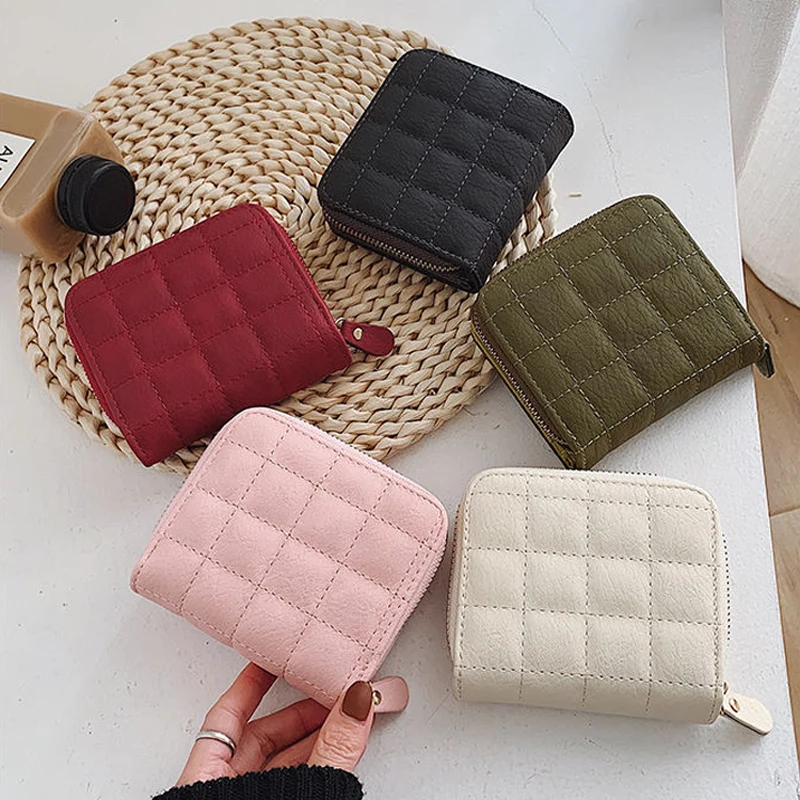 

Women Short Wallets PU Leather Female Plaid Purses Nubuck Card Holder Wallet Fashion Woman Small Zipper Wallet With Coin Purse