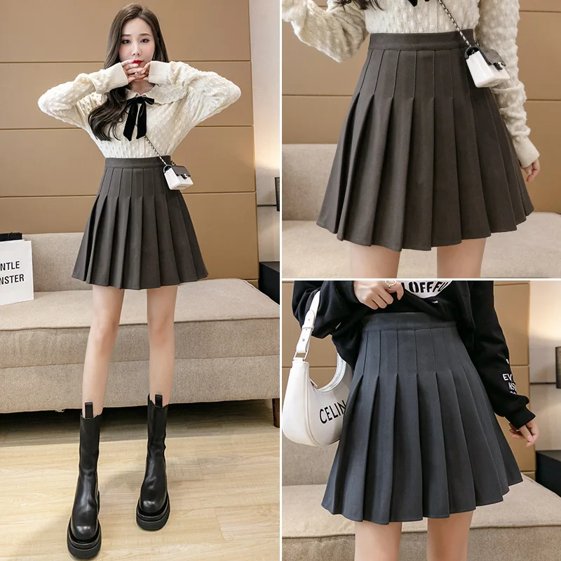

Teens Girl Pleated Mini Skirt Autumn Winter Black High Waist Woolen Short Skirts Women Clothes Plus Size Female School Uniform