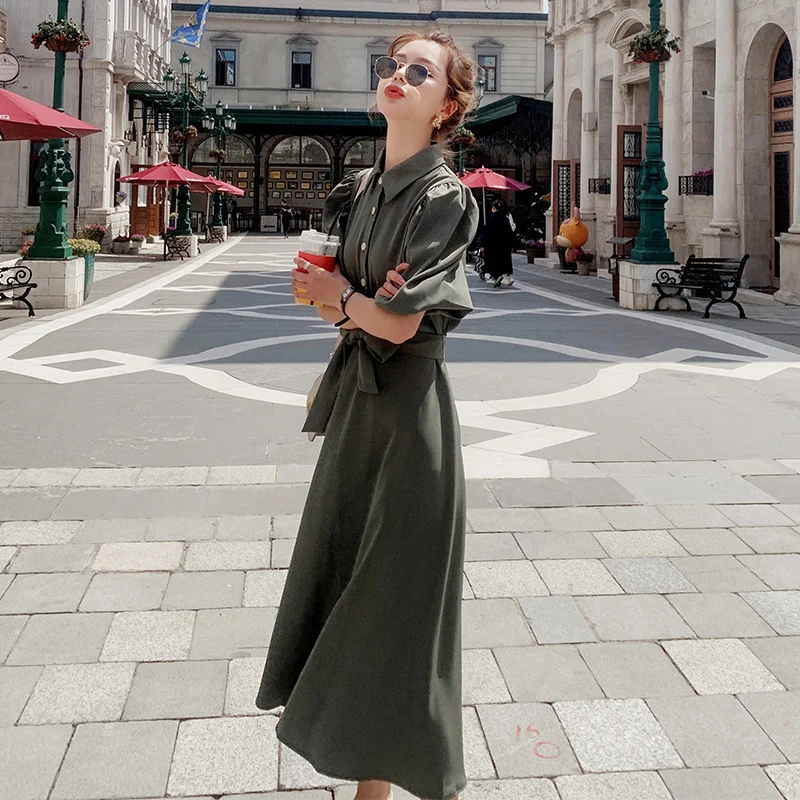 

2021 Elegant Series Spring Summer Retro Bandage ArmyGreen Maxi Long Single-breasted Dress Korean Office Women Clothing Vestidos
