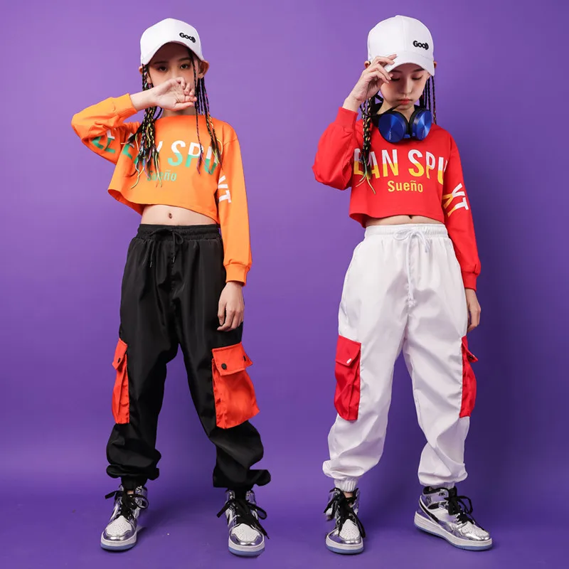 

Kid Cool Hip Hop Clothing Sweatshirt Crop Top Long Sleeve Shirt Tactical Cargo Pants for Girls Dance Costume Clothes Street Wear