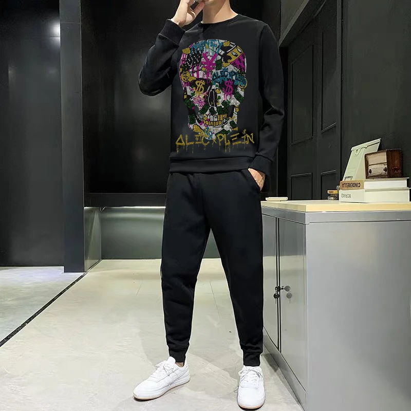 

Personality Exquisite Hot Diamond Track Suit Padded Sweatshirt Top Street Men's Sets Slim Autumn Winter Design