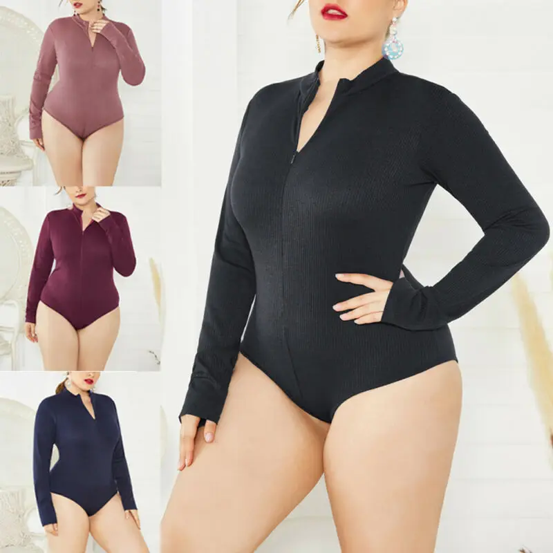 

2020 Brand New Womens Solid Long Sleeve Tops Bodysuit Jumper Bodycon Plus Size Zipped Jumpsuit Sheath Bodysuits