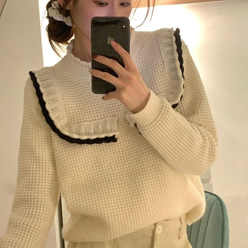 

Basic Bottoming Knit Sweater 2022 New Korean Style Flounced Stitching Pullover Sweaters Slim Warm Thick Knitted Tops J82