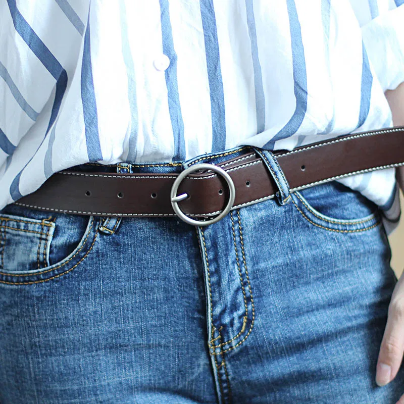 Ремень женский из искусственной кожи с круглой пряжкой золотого и серебряного